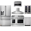 Thor Kitchen 6-Piece Pro Appliance Package - 48-Inch Gas Range with Liquid Propane Kit, Refrigerator with Water Dispenser, Dishwasher, Pro Wall Mount Hood, Microwave Drawer, & Wine Cooler in Stainless Steel