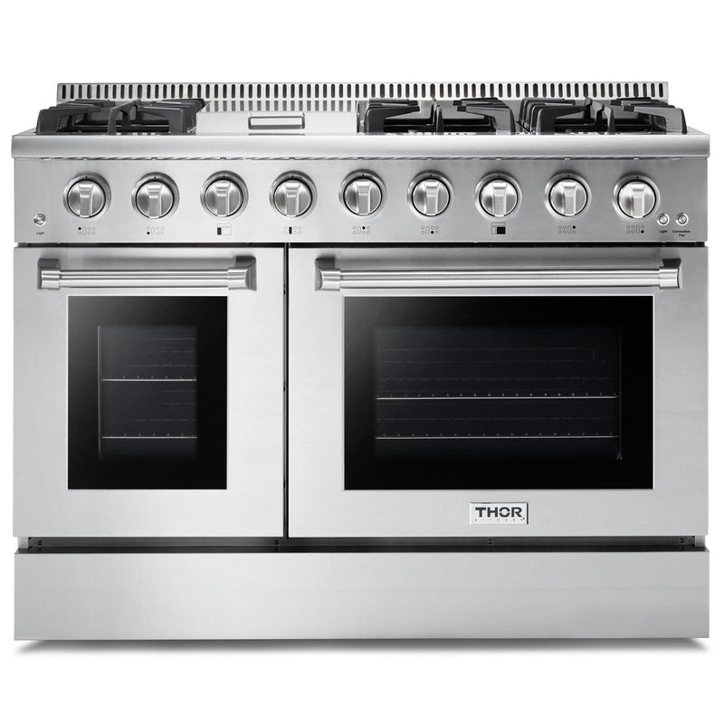 Thor Kitchen 6-Piece Pro Appliance Package - 48-Inch Gas Range with Liquid Propane Kit, Refrigerator with Water Dispenser, Dishwasher, Under Cabinet 16.54" Tall Hood, Microwave Drawer, & Wine Cooler in Stainless Steel
