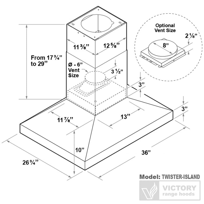 Victory Twister 36-Inch 750 CFM Island Range Hood in Stainless Steel (Twister-Island-36)