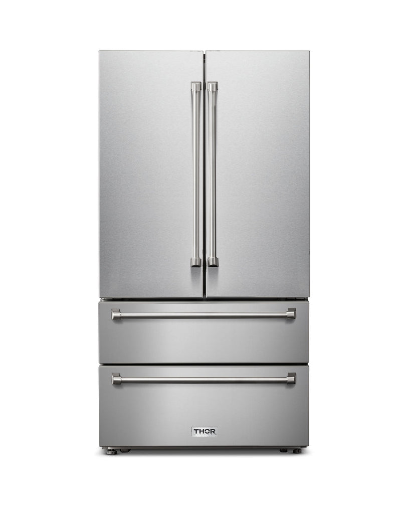 Thor Kitchen 4-Piece Appliance Package - 36" Electric Range, French Door Refrigerator, Wall Mount Hood, and Dishwasher in Stainless Steel