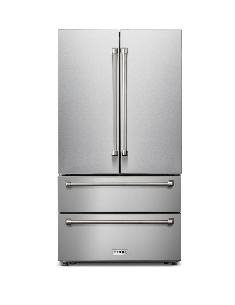 Thor Kitchen 5-Piece Appliance Package - 36" Electric Range with Tilt Panel, French Door Refrigerator, Wall Mount Hood, Dishwasher, and Microwave Drawer in Stainless Steel