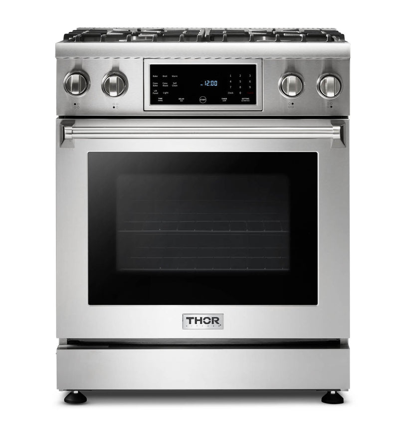 Thor Kitchen 5-Piece Appliance Package - 30" Gas Range with Tilt Panel, French Door Refrigerator, Under Cabinet Hood, Dishwasher, and Microwave Drawer in Stainless Steel