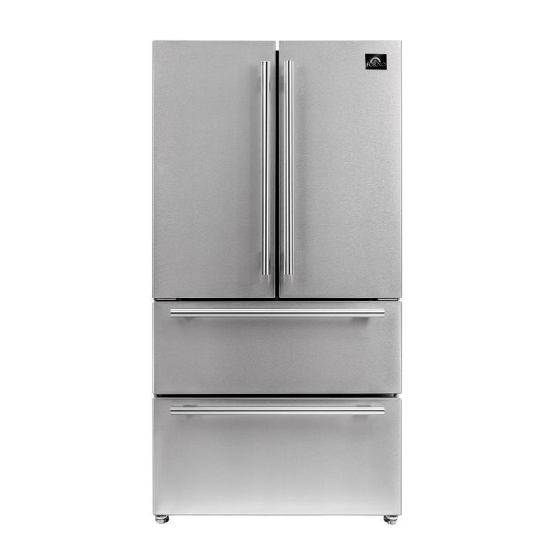 Forno 5-Piece Appliance Package - 36-Inch Dual Fuel Range, Refrigerator, Wall Mount Hood with Backsplash, 24-Inch Microwave Drawer, & 3-Rack Dishwasher in Stainless Steel