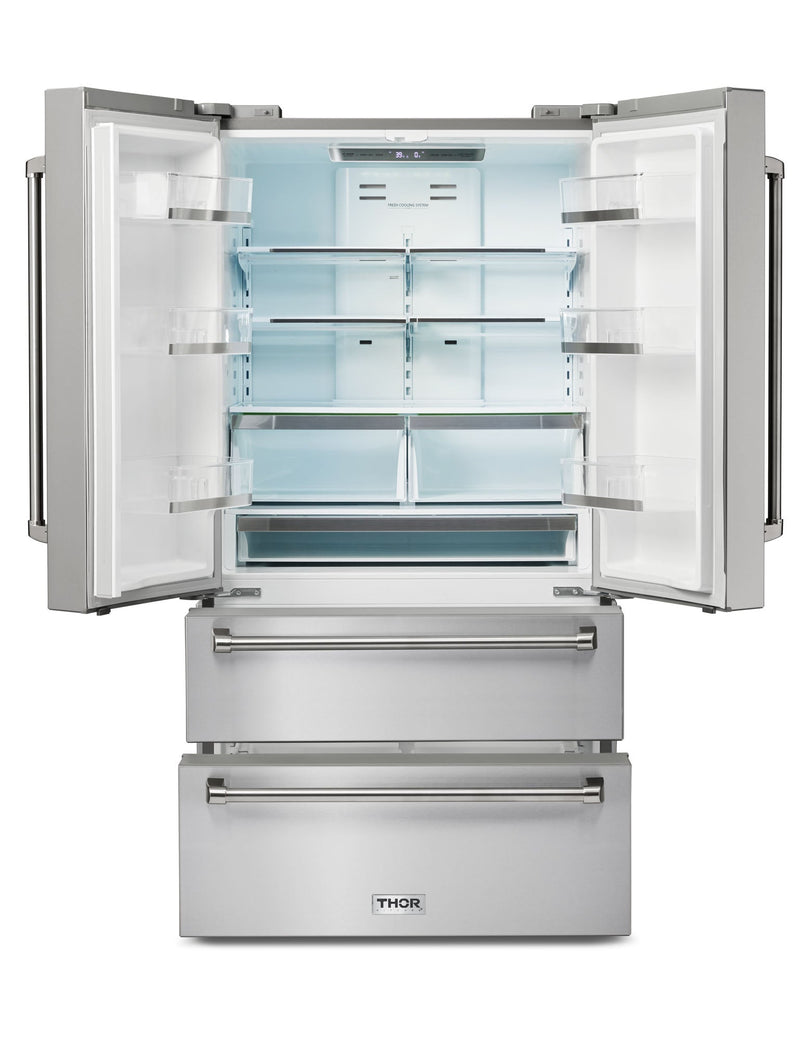 Thor Kitchen 5-Piece Appliance Package - 30" Electric Range, French Door Refrigerator, Under Cabinet Hood, Dishwasher, & Wine Cooler in Stainless Steel