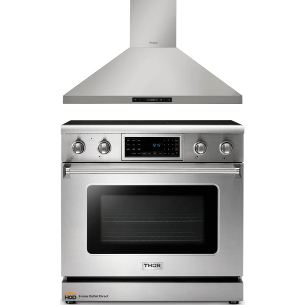 Thor Kitchen 2-Piece Appliance Package - 36" Electric Range with Tilt Panel and Wall Mount Hood in Stainless Steel