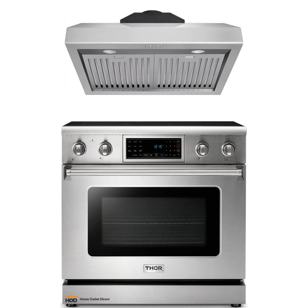 Thor Kitchen 2-Piece Appliance Package - 36" Electric Range with Tilt Panel and Under Cabinet Hood in Stainless Steel