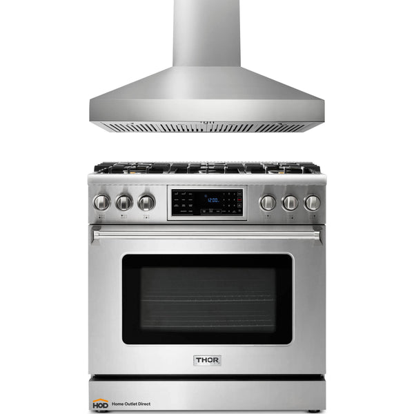 Thor Kitchen 2-Piece Appliance Package - 36" Gas Range with Tilt Panel & Pro-Style Wall Mount Hood in Stainless Steel