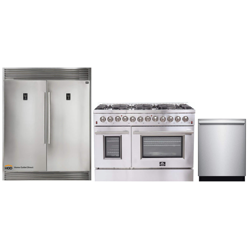 Forno 3-Piece Appliance Package - 48" Dual Fuel Range, Pro-Style Refrigerator, and Dishwasher in Stainless Steel