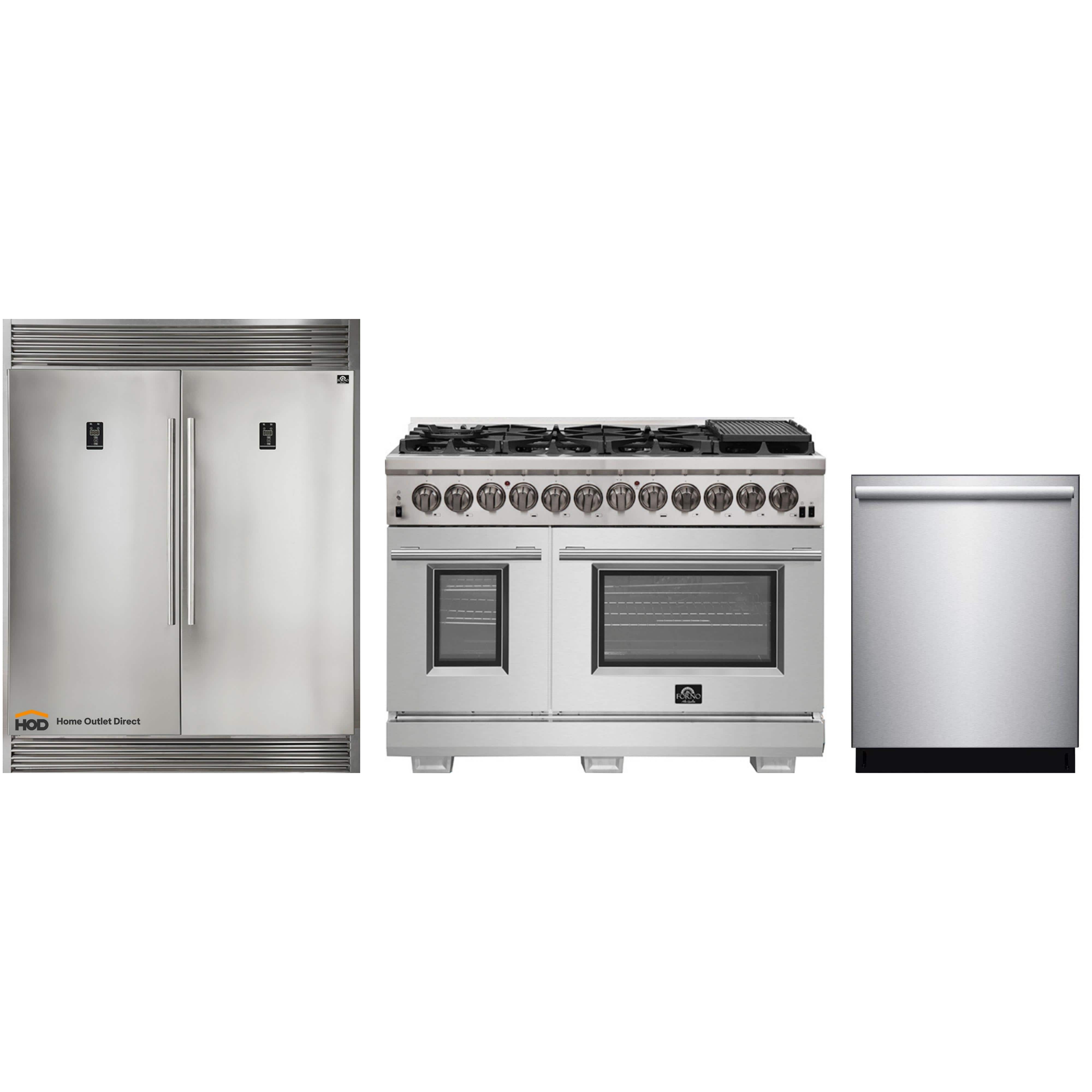 Forno 3-Piece Pro Appliance Package - 48-Inch Dual Fuel Range, Pro-Style Refrigerator, and Dishwasher in Stainless Steel