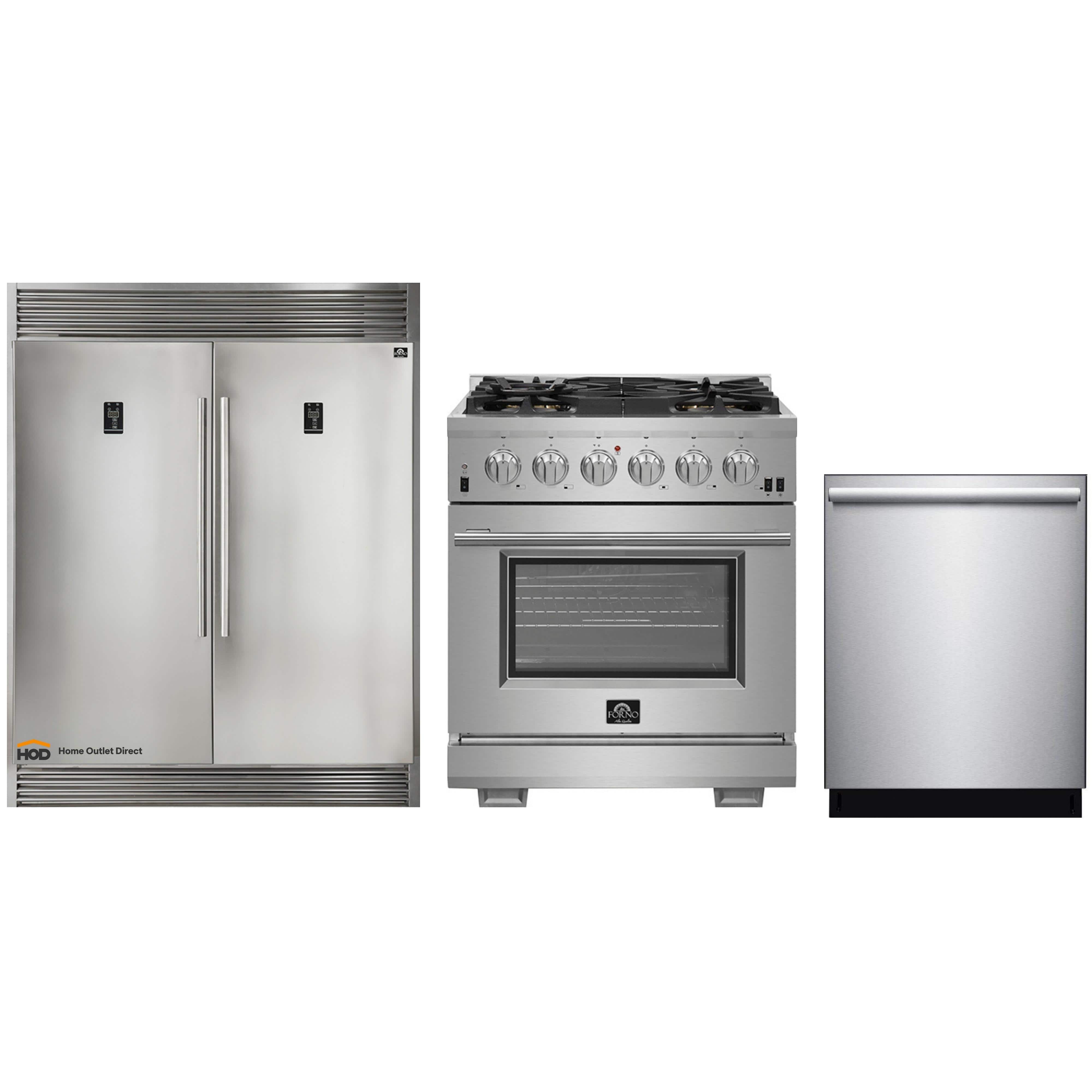 Forno 3-Piece Pro Appliance Package - 30-Inch Gas Range, Pro-Style Refrigerator, and Dishwasher in Stainless Steel