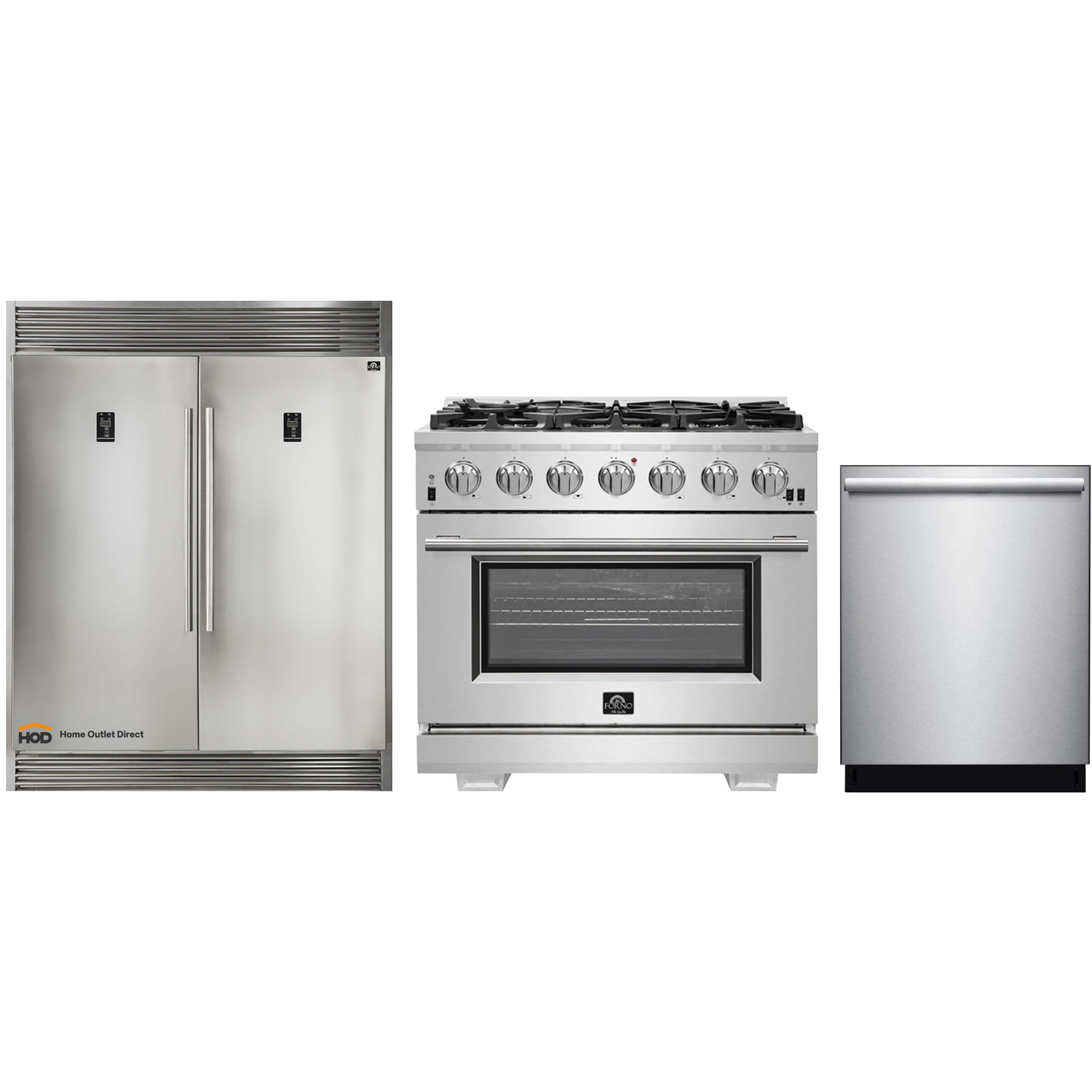 Forno 3-Piece Pro Appliance Package - 36-Inch Gas Range, Pro-Style Refrigerator, and Dishwasher in Stainless Steel