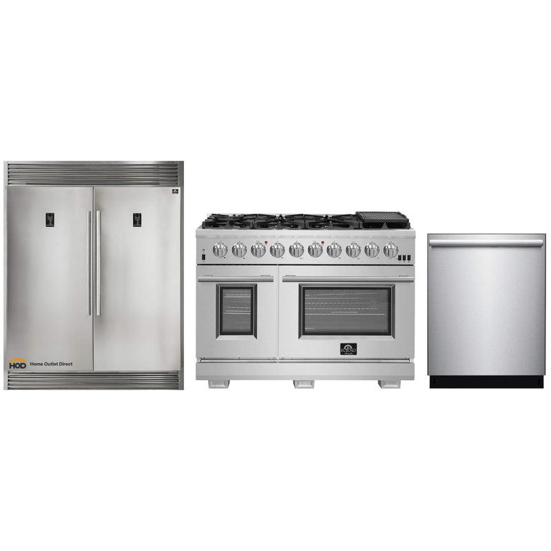 Forno 3-Piece Pro Appliance Package - 48-Inch Gas Range, 60-Inch Pro-Style Refrigerator, and Dishwasher in Stainless Steel