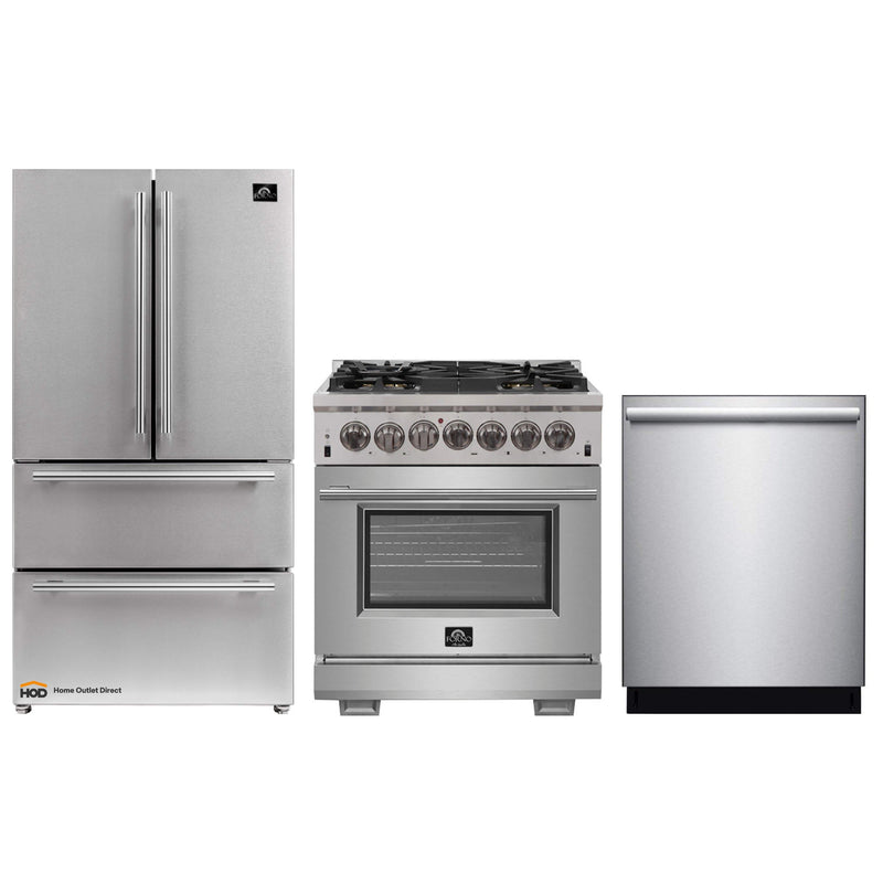 Forno 3-Piece Pro Appliance Package - 30-Inch Dual Fuel Range, French Door Refrigerator, and Dishwasher in Stainless Steel