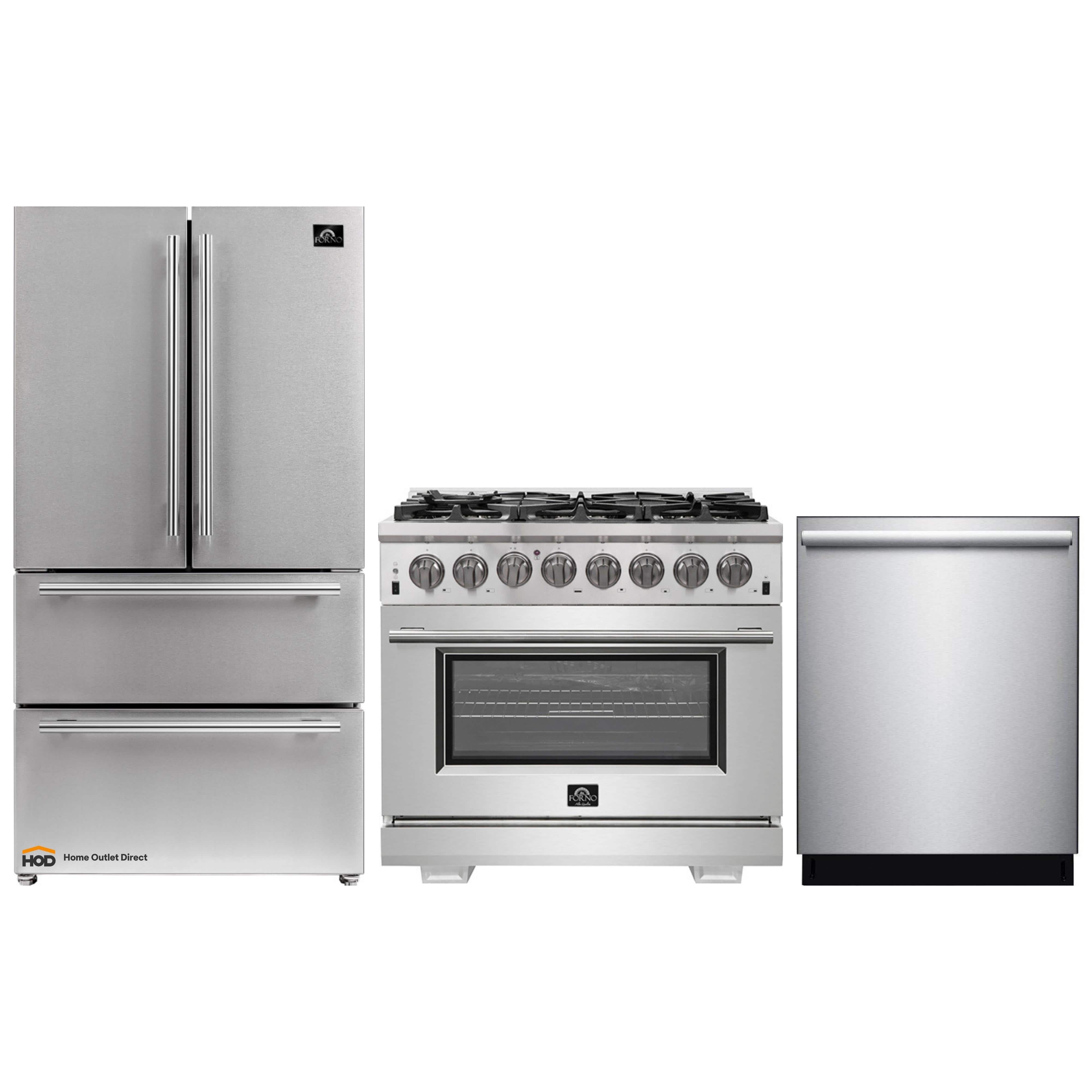 Forno 3-Piece Pro Appliance Package - 36-Inch Dual Fuel Range, French Door Refrigerator, and Dishwasher in Stainless Steel