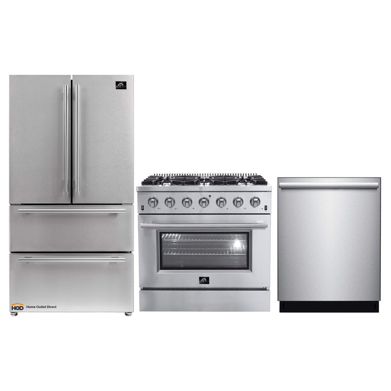 Forno 3-Piece Appliance Package - 36-Inch Gas Range, French Door Refrigerator, and Dishwasher in Stainless Steel