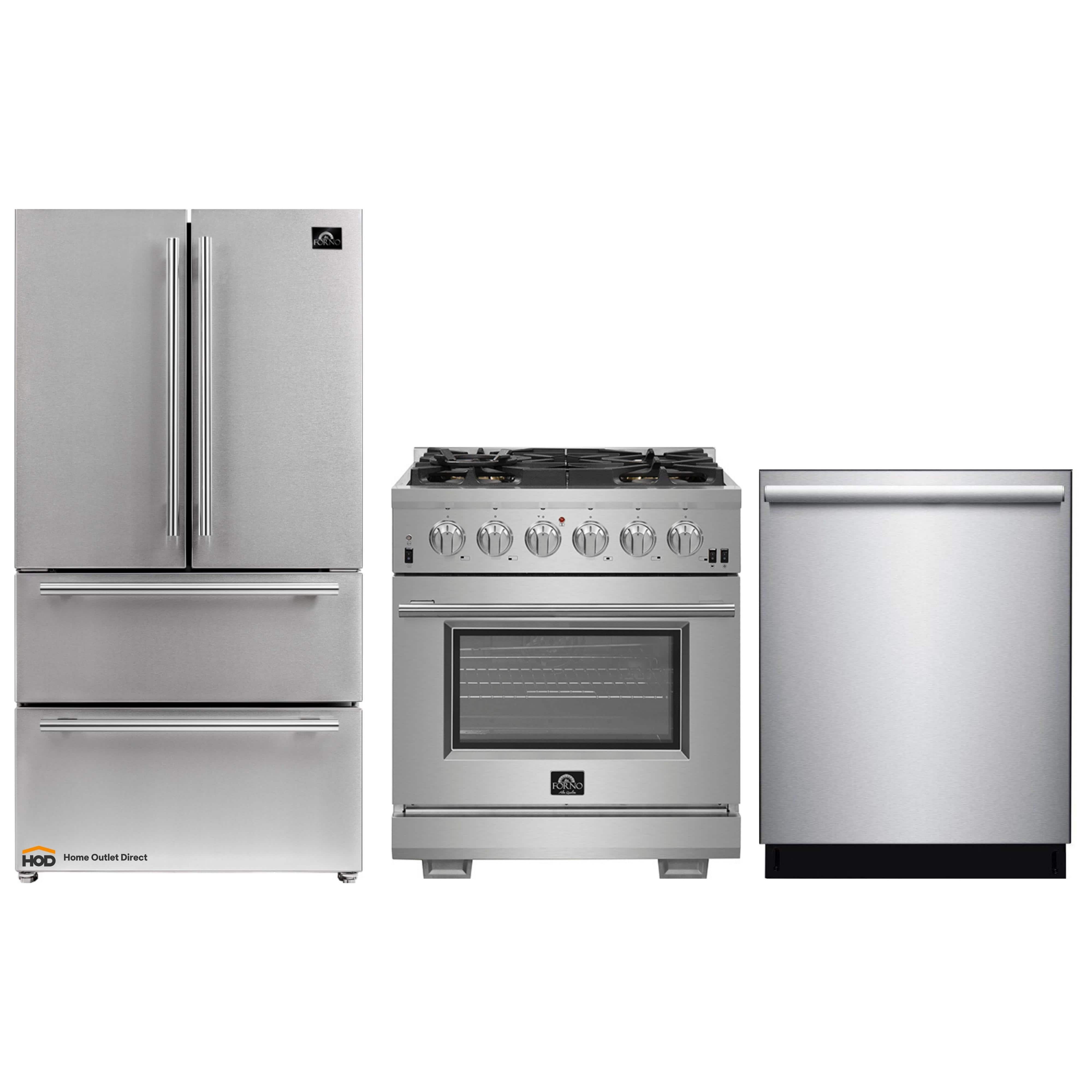 Forno 3-Piece Pro Appliance Package - 30-Inch Gas Range, French Door Refrigerator, and Dishwasher in Stainless Steel