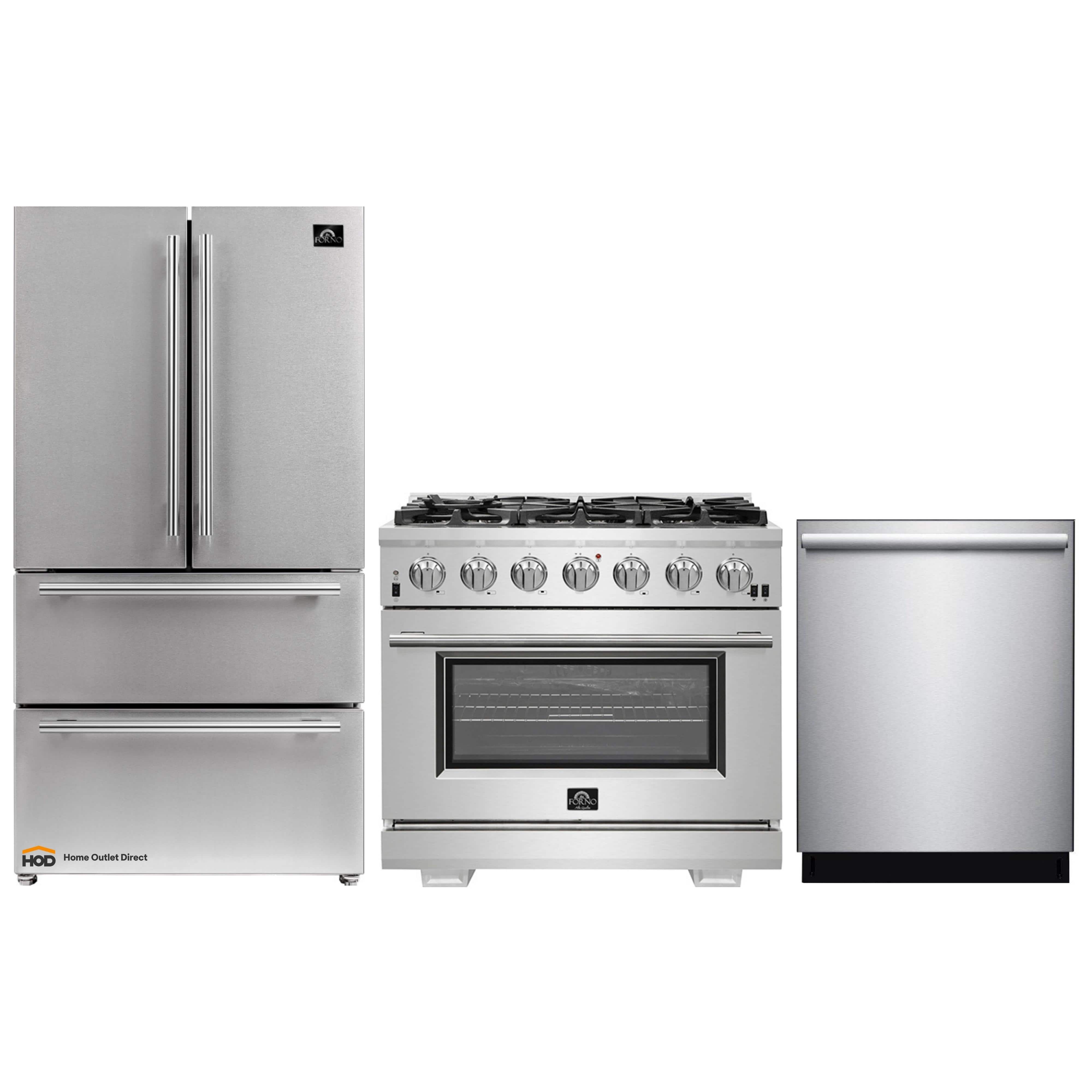 Forno 3-Piece Pro Appliance Package - 36-Inch Gas Range, French Door Refrigerator, and Dishwasher in Stainless Steel