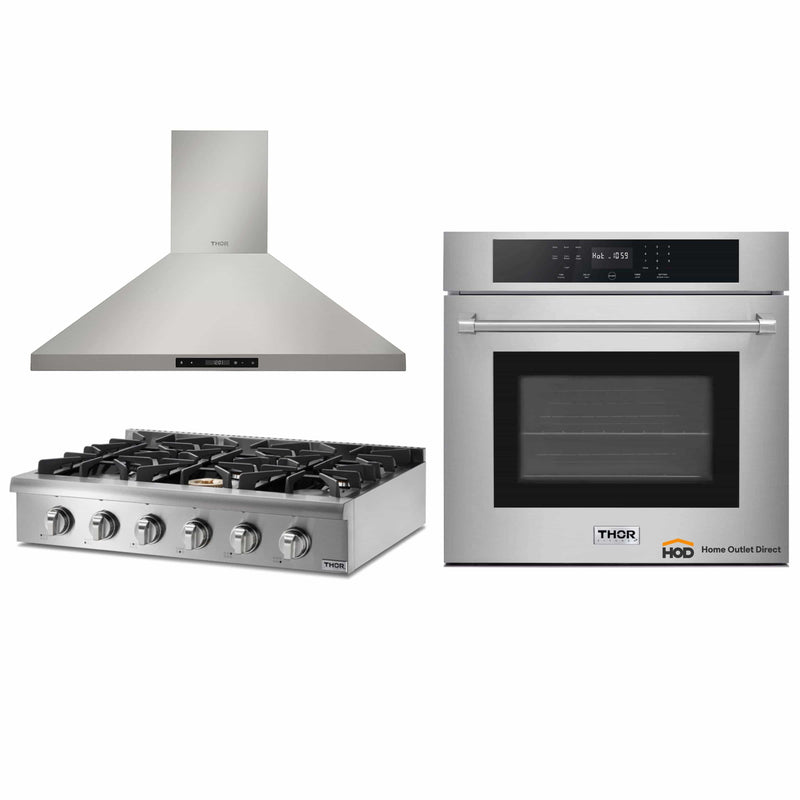 Thor Kitchen 3-Piece Pro Appliance Package - 36" Rangetop, Wall Oven & Wall Mount Hood in Stainless Steel