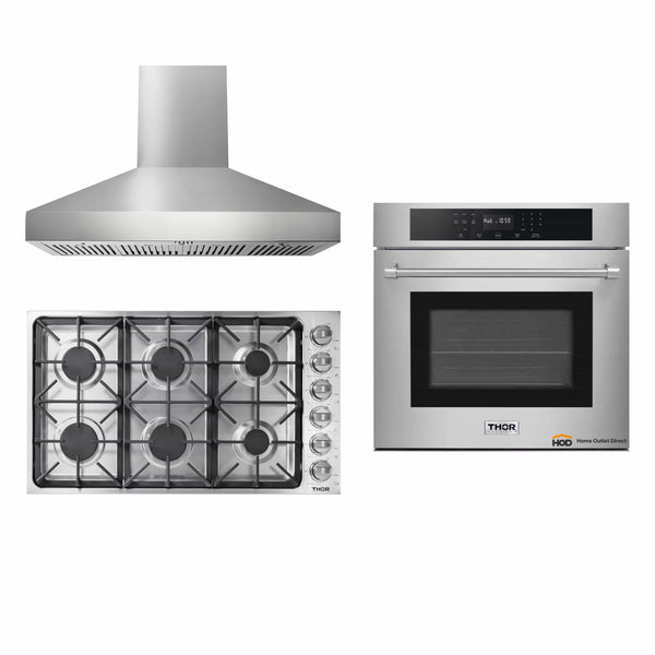 Thor Kitchen 3-Piece Pro Appliance Package - 36" Cooktop, Wall Oven & Pro-Style Wall Mount Hood in Stainless Steel