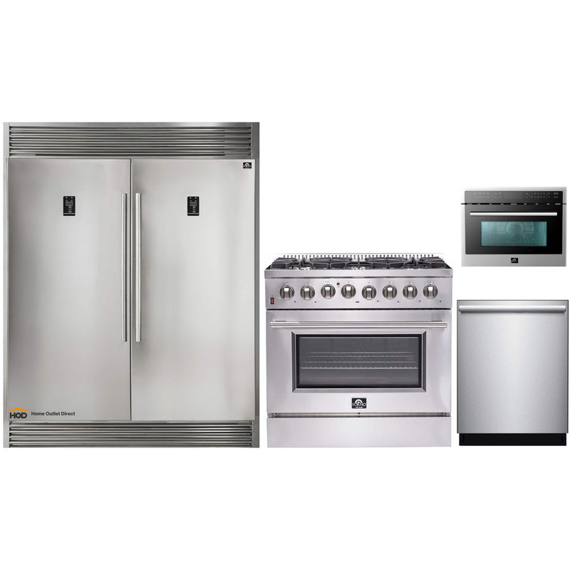 Forno 4-Piece Appliance Package - 36-Inch Dual Fuel Range, 60-Inch Pro-Style Refrigerator, Microwave Oven, & 3-Rack Dishwasher in Stainless Steel