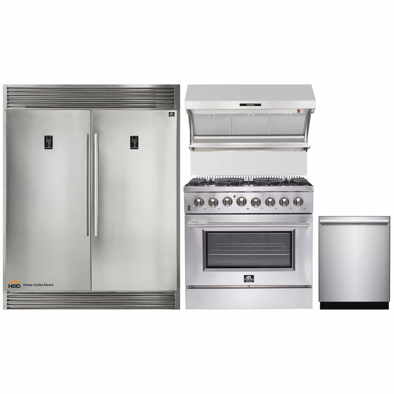 Forno 4-Piece Appliance Package - 36-Inch Dual Fuel Range, 60-Inch Pro-Style Refrigerator, Wall Mount Hood with Backsplash, & 3-Rack Dishwasher in Stainless Steel