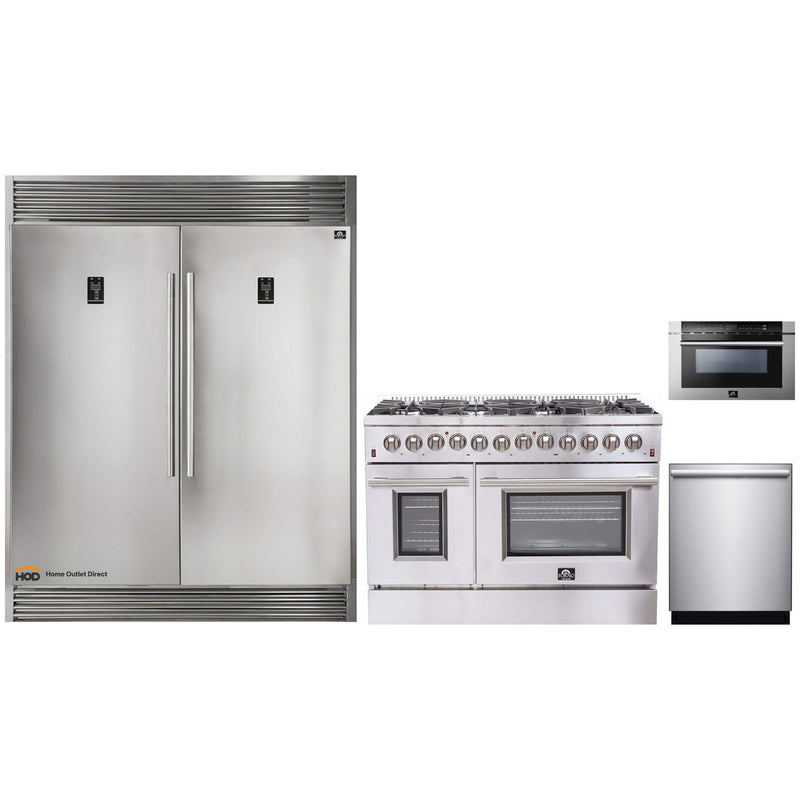 Forno 4-Piece Appliance Package - 48-Inch Dual Fuel Range, 60-Inch Pro-Style Refrigerator, Microwave Drawer, & 3-Rack Dishwasher in Stainless Steel