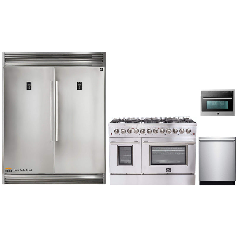 Forno 4-Piece Appliance Package - 48-Inch Dual Fuel Range, 60-Inch Pro-Style Refrigerator, Microwave Oven, & 3-Rack Dishwasher in Stainless Steel