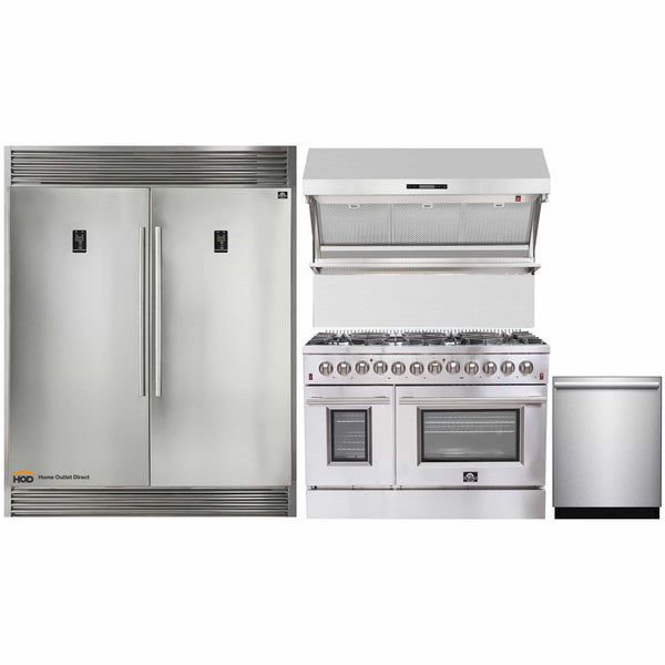 Forno 4-Piece Appliance Package - 48-Inch Dual Fuel Range, 60-Inch Pro-Style Refrigerator, Wall Mount Hood with Backsplash, & 3-Rack Dishwasher in Stainless Steel