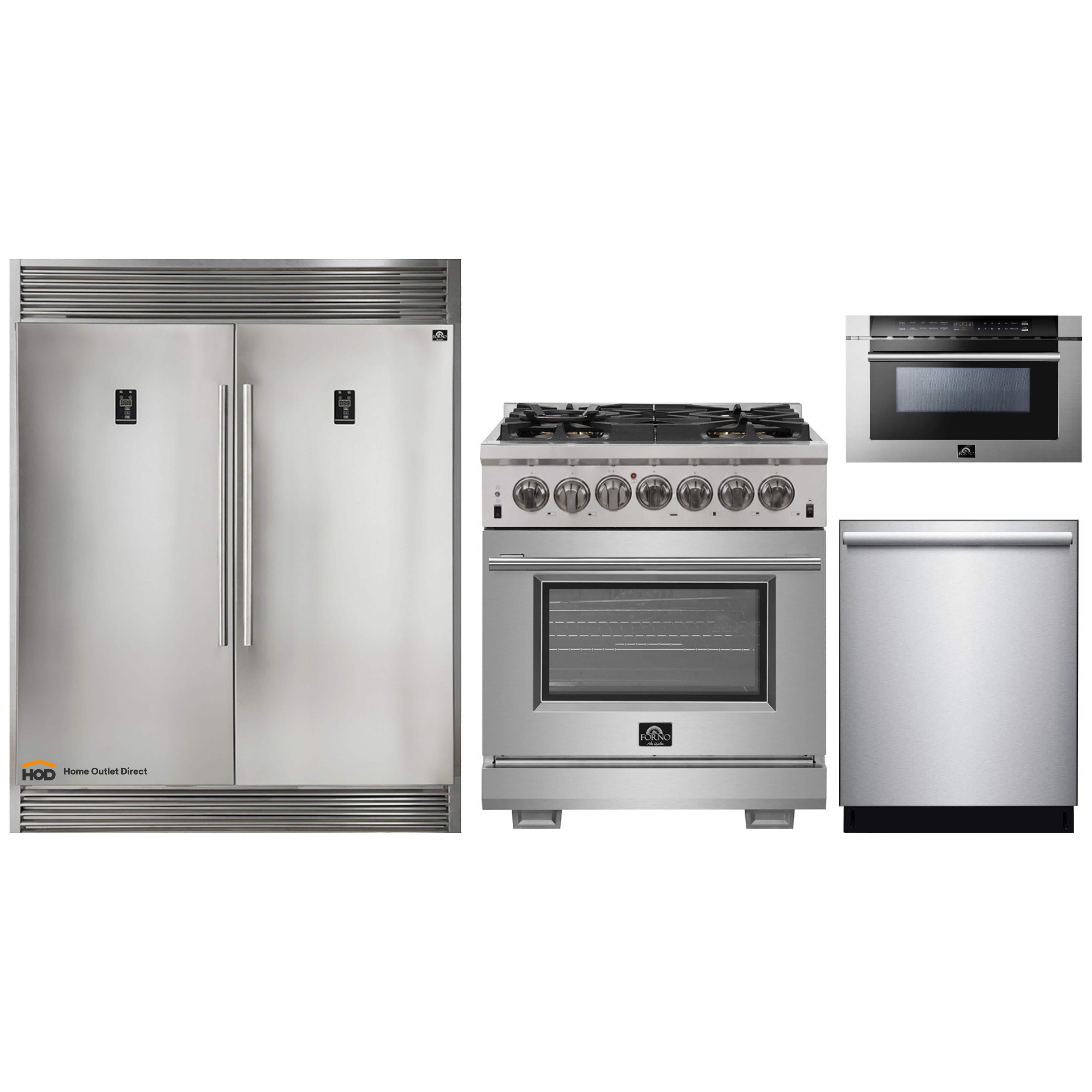 Forno 4-Piece Pro Appliance Package - 30-Inch Dual Fuel Range, 60-Inch Pro-Style Refrigerator, Microwave Drawer, & 3-Rack Dishwasher in Stainless Steel