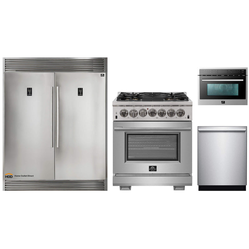 Forno 4-Piece Pro Appliance Package - 30-Inch Dual Fuel Range, 60-Inch Pro-Style Refrigerator, Microwave Oven, & 3-Rack Dishwasher in Stainless Steel