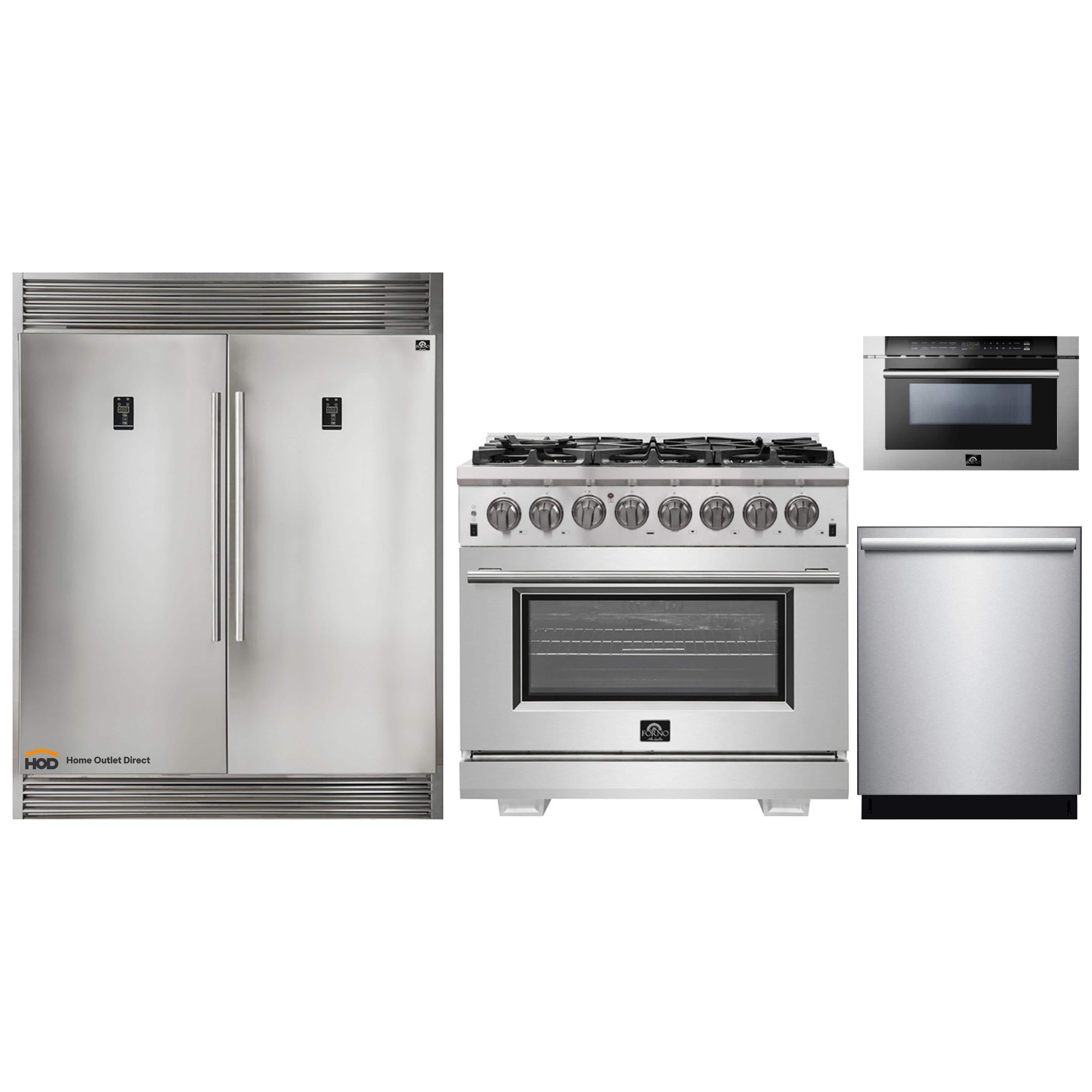 Forno 4-Piece Pro Appliance Package - 36-Inch Dual Fuel Range, 60-Inch Pro-Style Refrigerator, Microwave Drawer, & 3-Rack Dishwasher in Stainless Steel