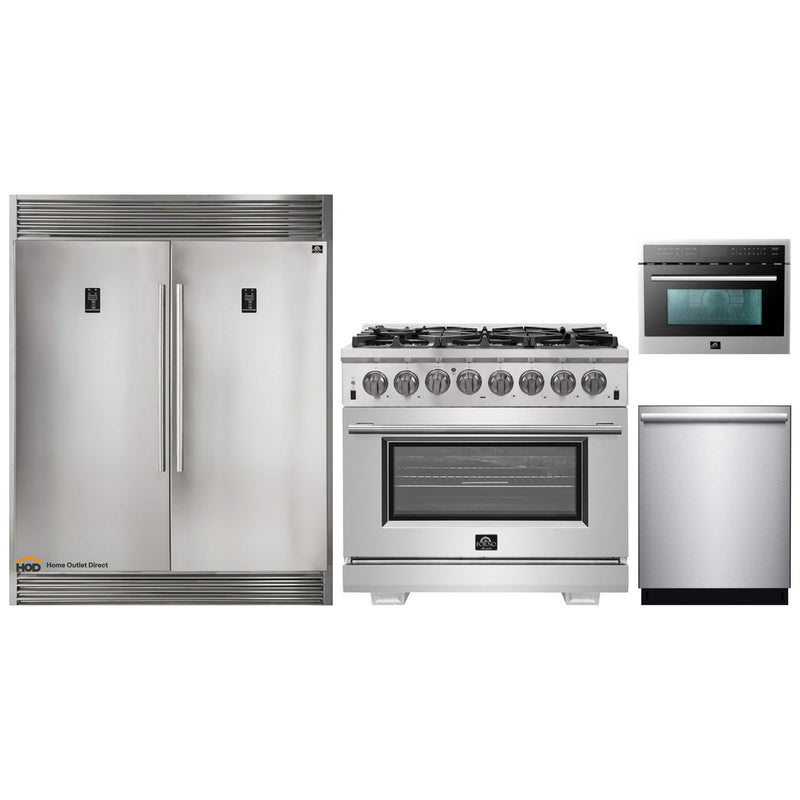 Forno 4-Piece Pro Appliance Package - 36" Dual Fuel Range, 60" Pro-Style Refrigerator, Microwave Oven, & 3-Rack Dishwasher in Stainless Steel