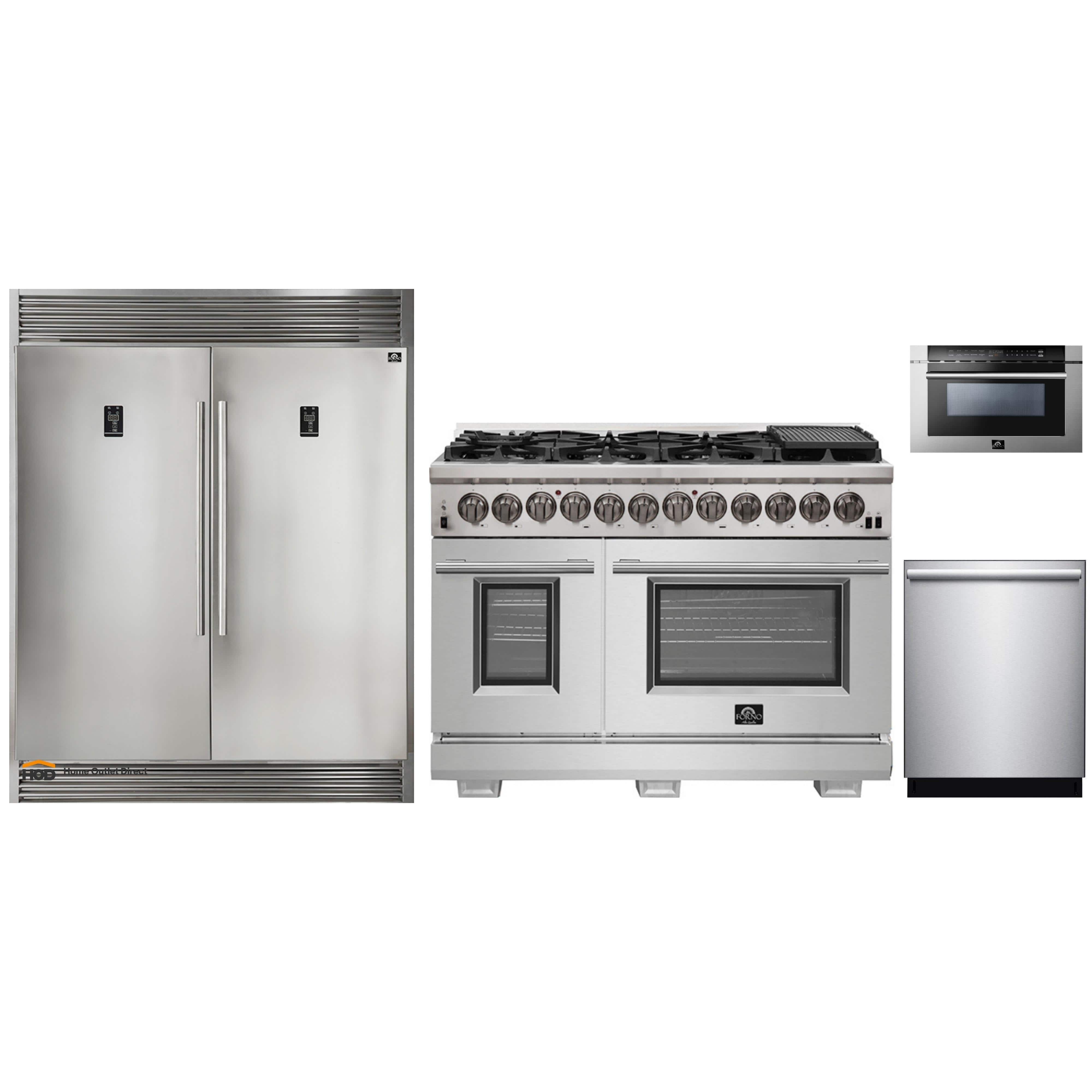 Forno 4-Piece Pro Appliance Package - 48-Inch Dual Fuel Range, 60-Inch Pro-Style Refrigerator, Microwave Drawer, & 3-Rack Dishwasher in Stainless Steel