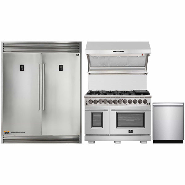 Forno 4-Piece Pro Appliance Package - 48-Inch Dual Fuel Range, 60-Inch Pro-Style Refrigerator, Wall Mount Hood with Backsplash, & Dishwasher in Stainless Steel
