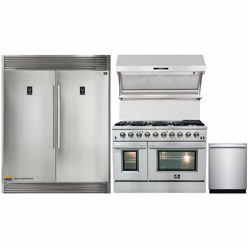 Forno 4-Piece Appliance Package - 48-Inch Gas Range, 60-Inch Pro-Style Refrigerator, Wall Mount Hood with Backsplash, & 3-Rack Dishwasher in Stainless Steel