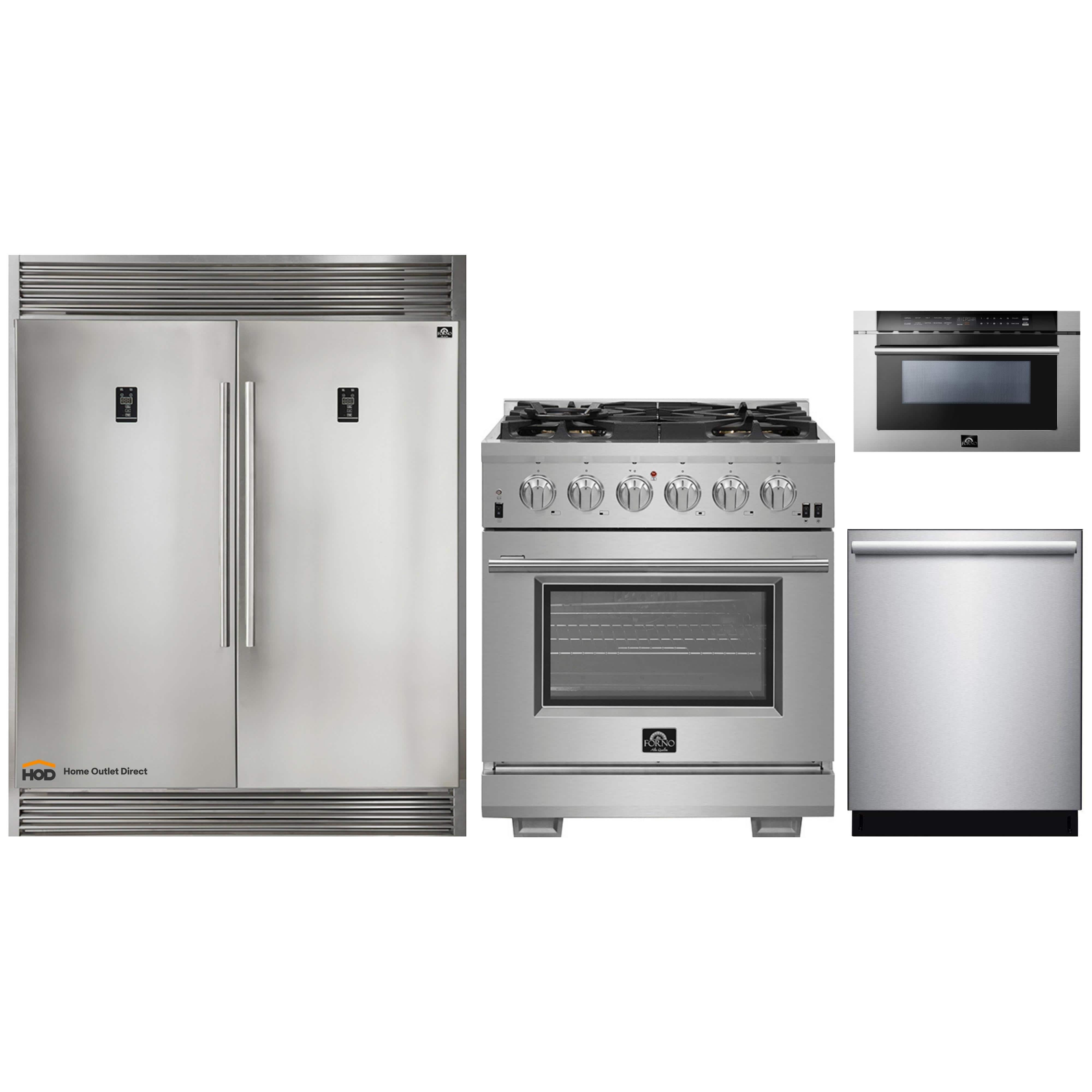 Forno 4-Piece Pro Appliance Package - 30-Inch Gas Range, 60-Inch Pro-Style Refrigerator, Microwave Drawer, & 3-Rack Dishwasher in Stainless Steel