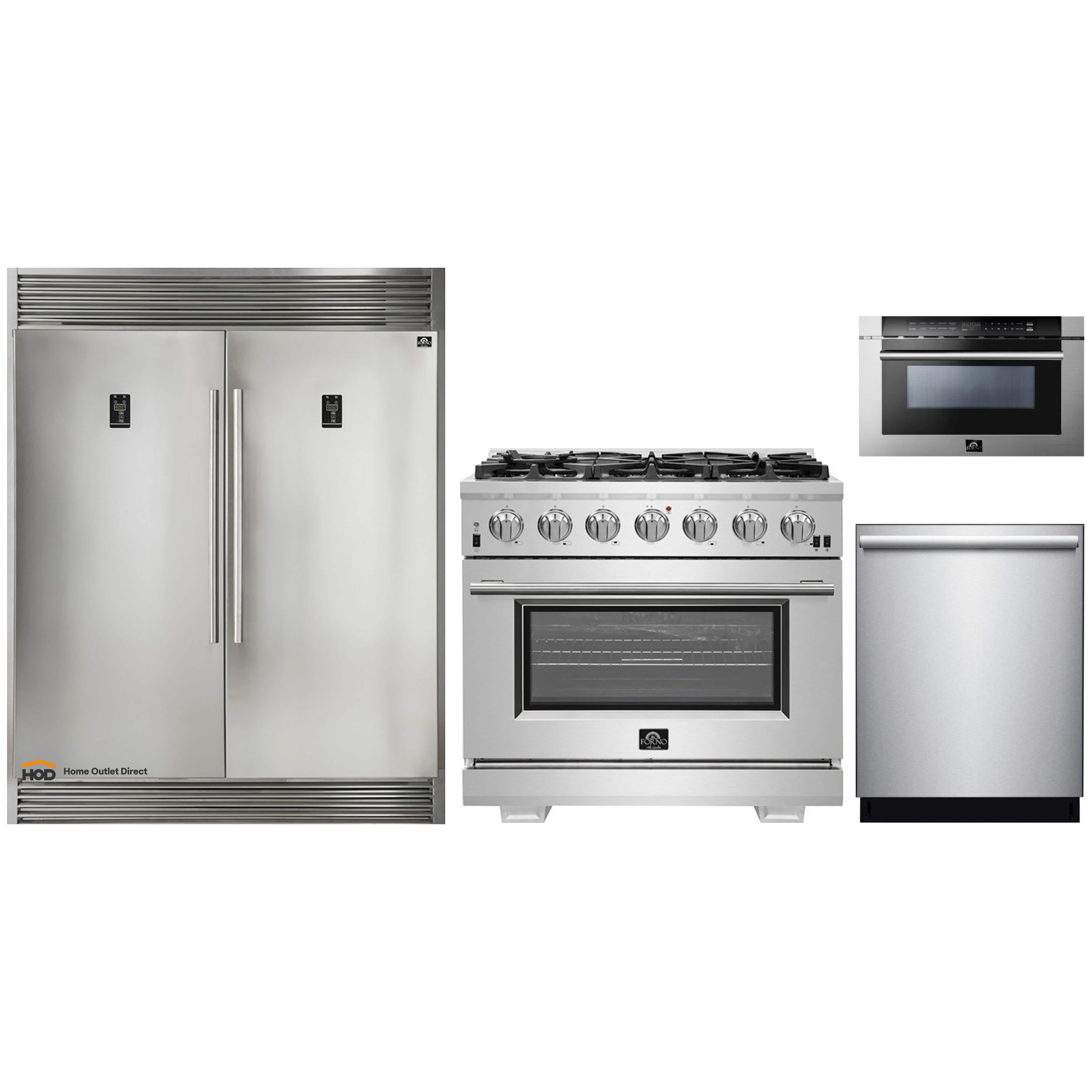 Forno 4-Piece Pro Appliance Package - 36-Inch Gas Range, 60-Inch Pro-Style Refrigerator, 24-Inch Microwave Drawer, & 3-Rack Dishwasher in Stainless Steel