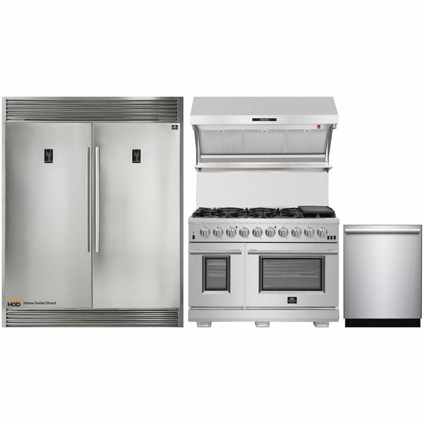 Forno 4-Piece Pro Appliance Package - 48-Inch Gas Range, Premium Hood, 60-Inch Pro-Style Refrigerator, and Dishwasher in Stainless Steel