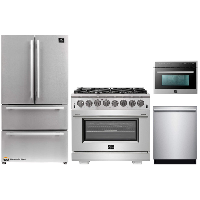 Forno 4-Piece Pro Appliance Package - 36-Inch Dual Fuel Range, Refrigerator, Microwave Oven, & 3-Rack Dishwasher in Stainless Steel