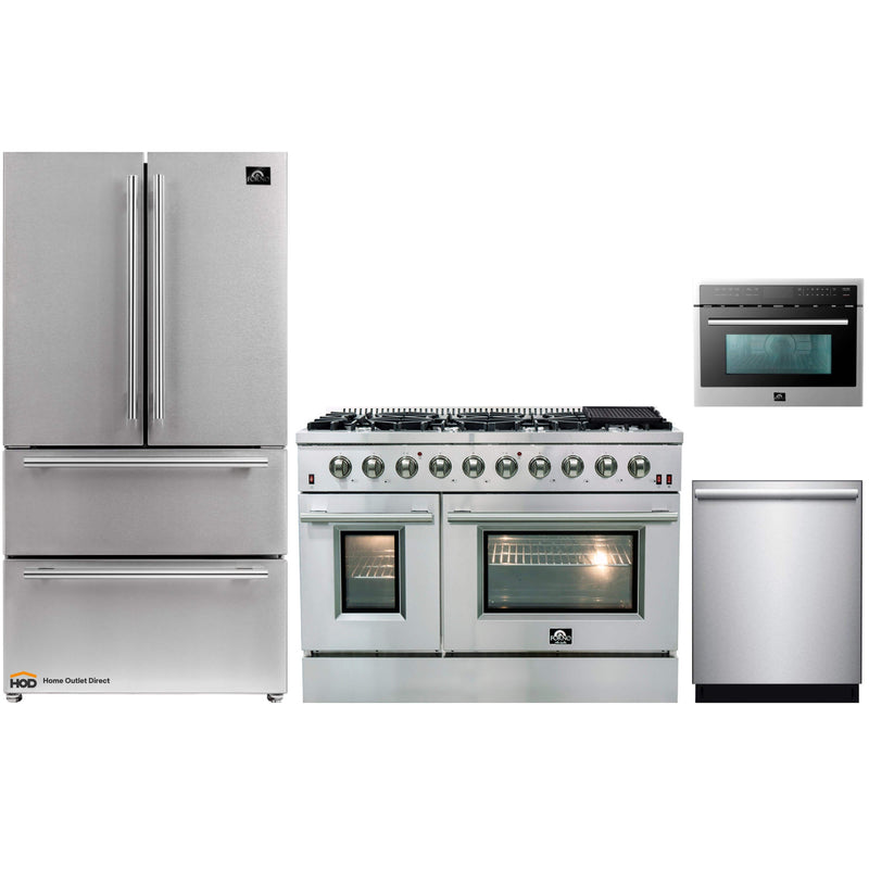 Forno 4-Piece Appliance Package - 48-Inch Gas Range, Refrigerator, Microwave Oven, & 3-Rack Dishwasher in Stainless Steel