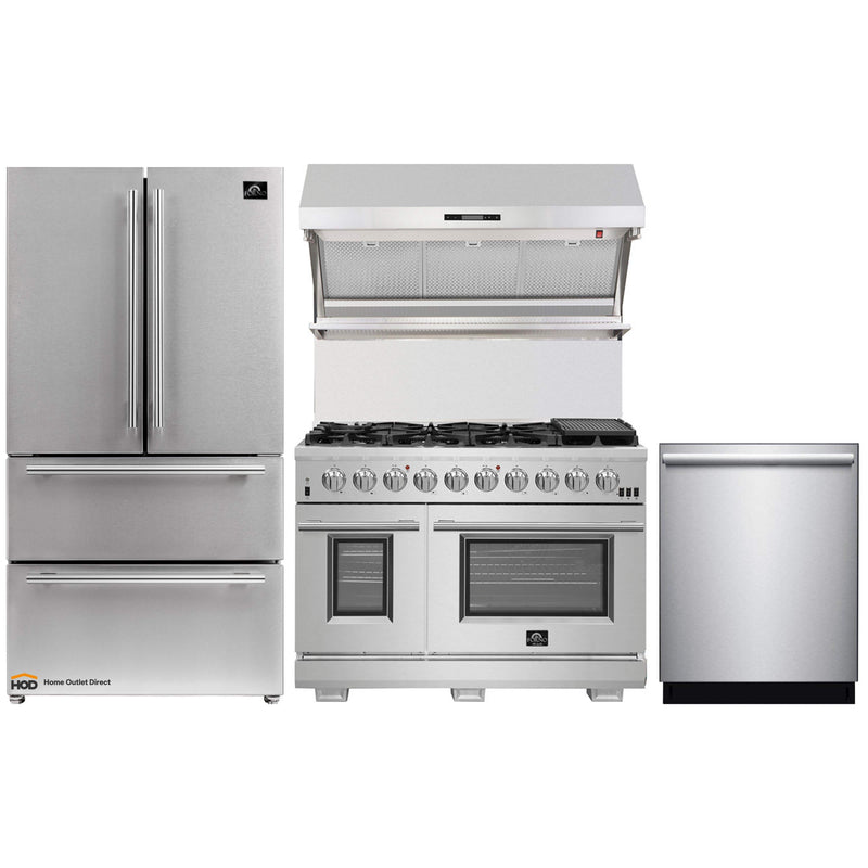 Forno 4-Piece Pro Appliance Package - 48-Inch Gas Range, Premium Hood, French Door Refrigerator, and Dishwasher in Stainless Steel