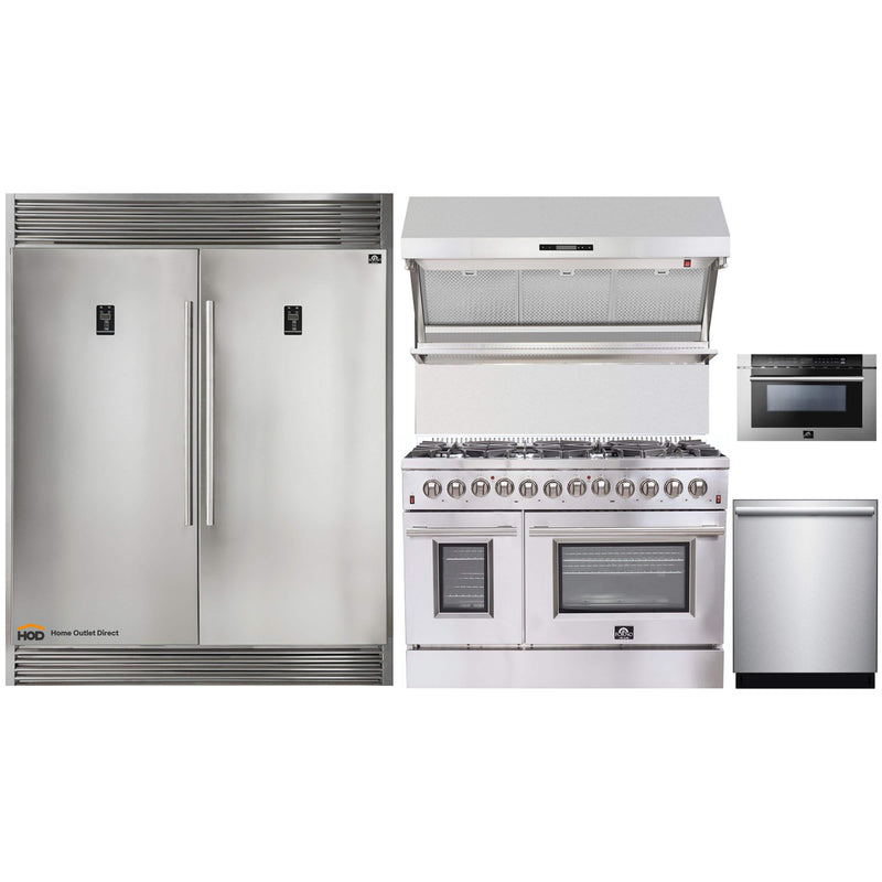 Forno 5-Piece Appliance Package - 48-Inch Dual Fuel Range, 60-Inch Pro-Style Refrigerator, Wall Mount Hood with Backsplash, 24-Inch Microwave Drawer, & 3-Rack Dishwasher in Stainless Steel