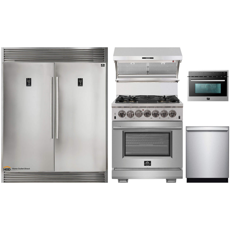 Forno 5-Piece Pro Appliance Package - 30-Inch Dual Fuel Range, 60-Inch Pro-Style Refrigerator, Wall Mount Hood with Backsplash, 24-Inch Microwave Oven, & 3-Rack Dishwasher in Stainless Steel