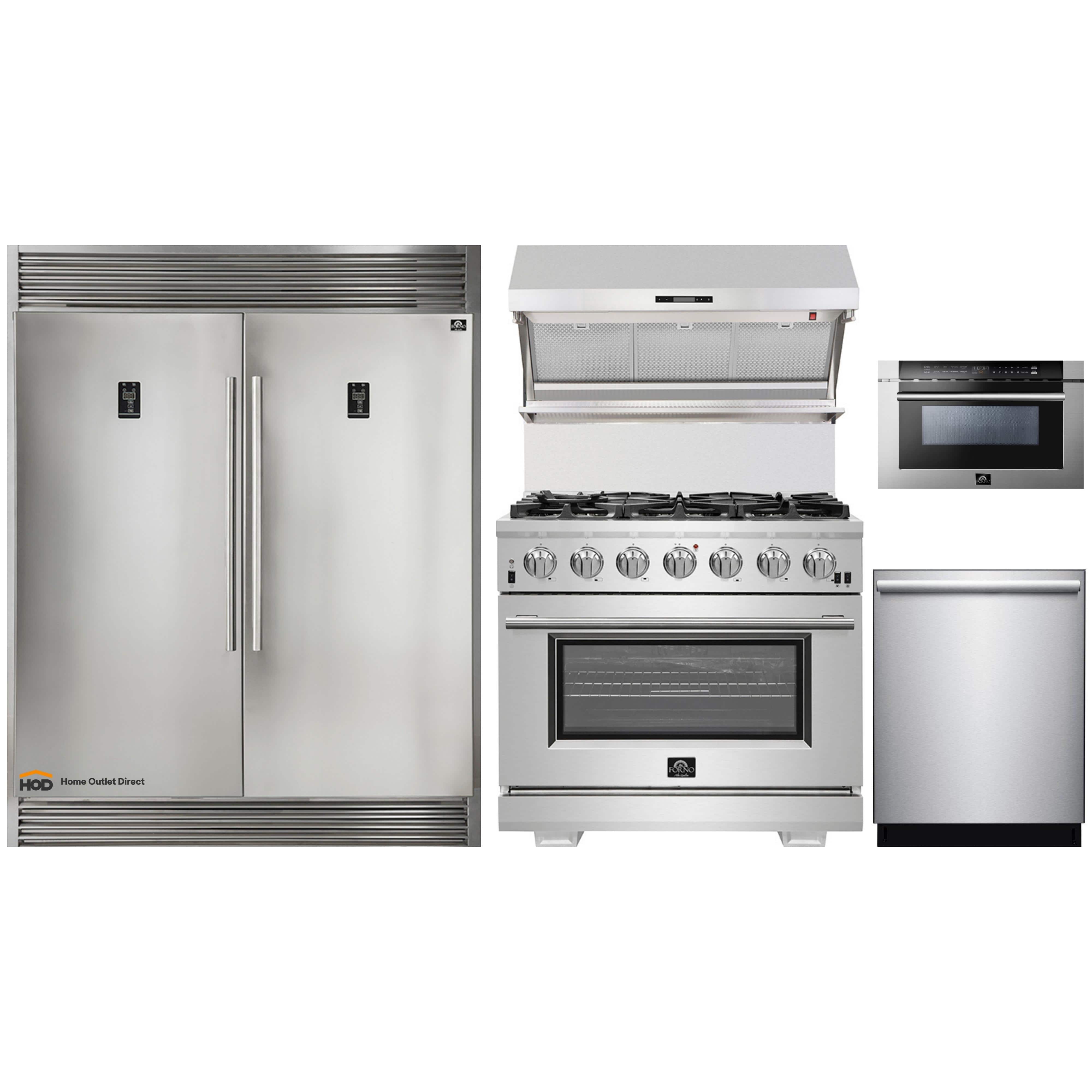 Forno 5-Piece Pro Appliance Package - 36-Inch Gas Range, 60-Inch Pro-Style Refrigerator, Wall Mount Hood with Backsplash, 24-Inch Microwave Drawer, & 3-Rack Dishwasher in Stainless Steel