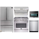 Forno 5-Piece Appliance Package - 36-Inch Dual Fuel Range, Refrigerator, Wall Mount Hood with Backsplash, 24-Inch Microwave Oven, & 3-Rack Dishwasher in Stainless Steel