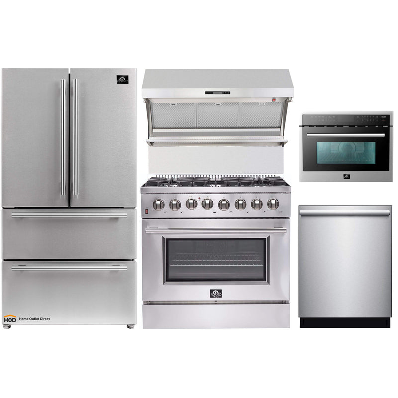 Forno 5-Piece Appliance Package - 36-Inch Dual Fuel Range, Refrigerator, Wall Mount Hood with Backsplash, 24-Inch Microwave Oven, & 3-Rack Dishwasher in Stainless Steel