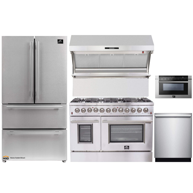 Forno 5-Piece Appliance Package - 48-Inch Dual Fuel Range, Refrigerator, Wall Mount Hood with Backsplash, 24-Inch Microwave Drawer, & 3-Rack Dishwasher in Stainless Steel