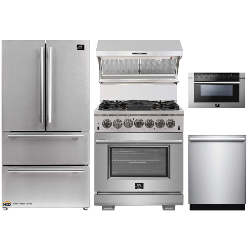 Forno 5-Piece Pro Appliance Package - 30-Inch Dual Fuel Range, Refrigerator, Wall Mount Hood with Backsplash, 24-Inch Microwave Drawer, & 3-Rack Dishwasher in Stainless Steel