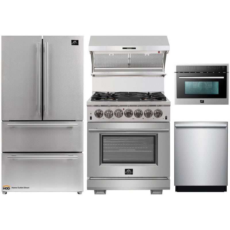 Forno 5-Piece Pro Appliance Package - 30-Inch Dual Fuel Range, Refrigerator, Wall Mount Hood with Backsplash, 24-Inch Microwave Oven, & 3-Rack Dishwasher in Stainless Steel