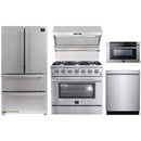 Forno 5-Piece Appliance Package - 36-Inch Gas Range, Refrigerator, Wall Mount Hood with Backsplash, 24-Inch Microwave Drawer, & 3-Rack Dishwasher in Stainless Steel